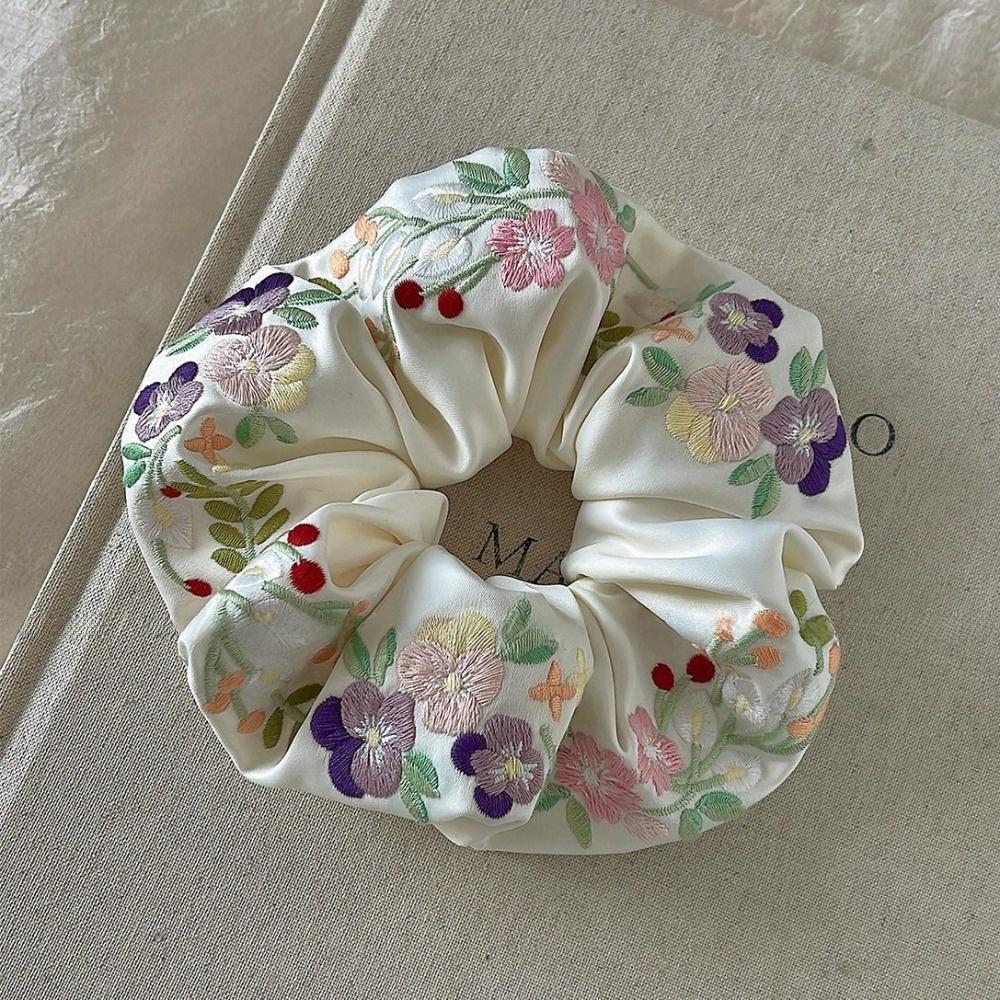 French Style Floral Scrunchies Satin Hair Ropes Temperament Embroidery Hair Scrunchies  Daily