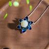 Enamel Blue Lotus Flower Necklace Natural Hetian White Jade Pendant Fresh Classical Style Jewelry For Women