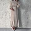 A-Line Evening Dress for Women with Pleated See-through Mesh Lantern Sleeves Stand Collar Tight Waist Ruffle Patchwork Long Maxi Dress