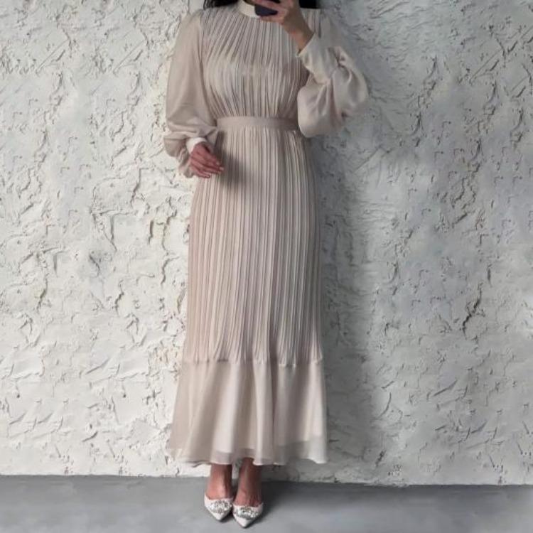 A-Line Evening Dress for Women with Pleated See-through Mesh Lantern Sleeves Stand Collar Tight Waist Ruffle Patchwork Long Maxi Dress