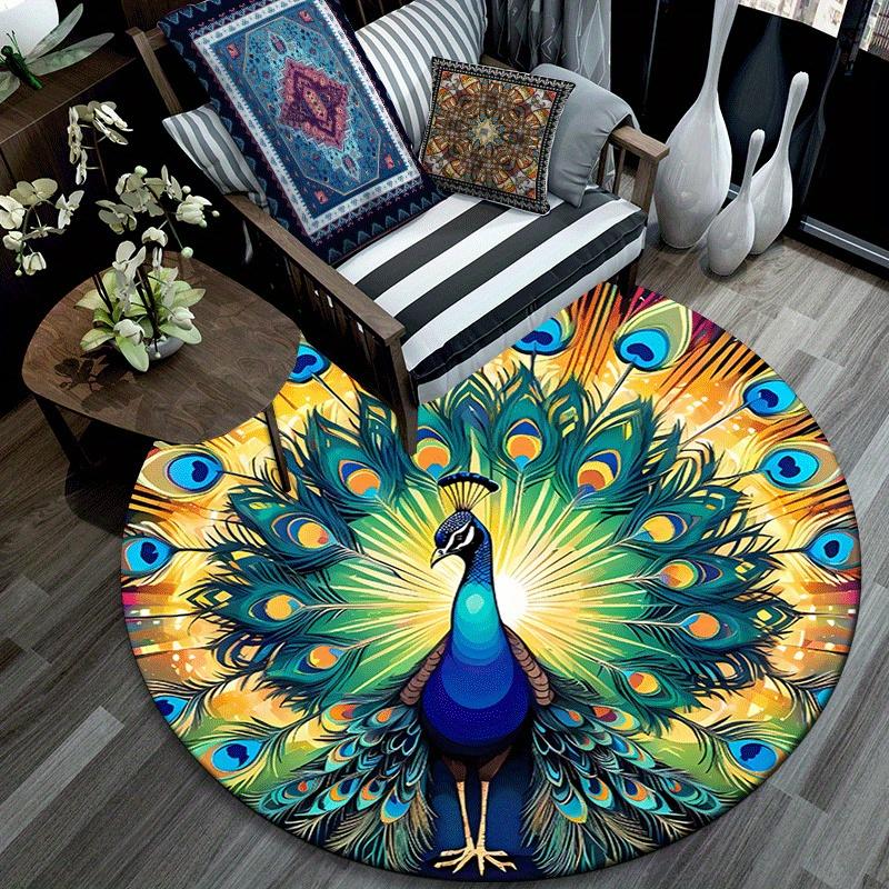 1pc Soft, Absorbent & Non Slip Peacock with open tail Round Rug Soft Circle Rug for Living Room & Bedroom Decor, Chair Mats, and Unforgettab