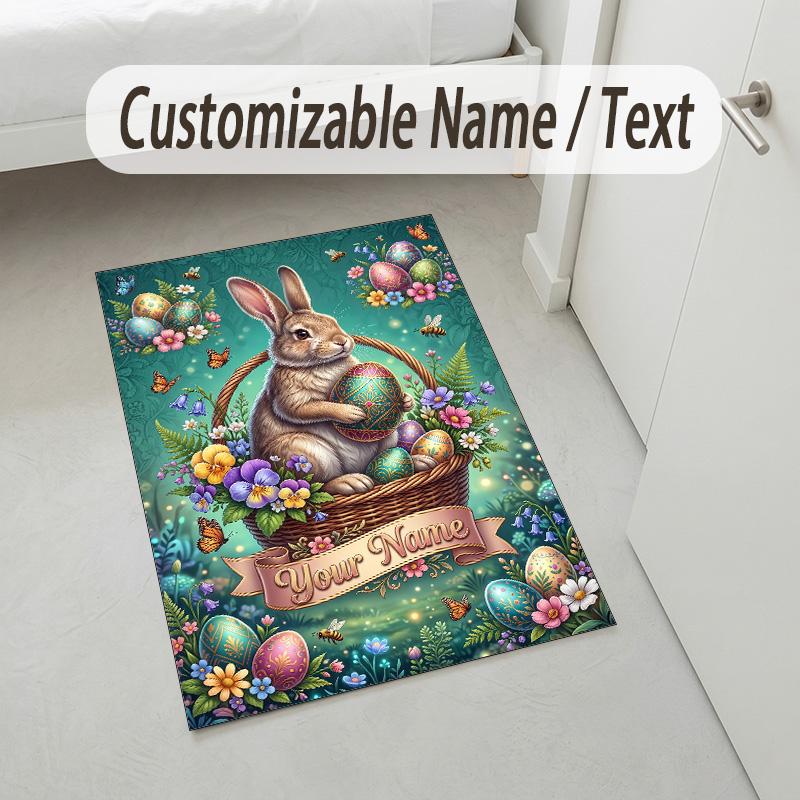 Easter Bunny Theme Crystal Velvet Rug Personalized Custom Name Text Soft Floor Mat Home Decor