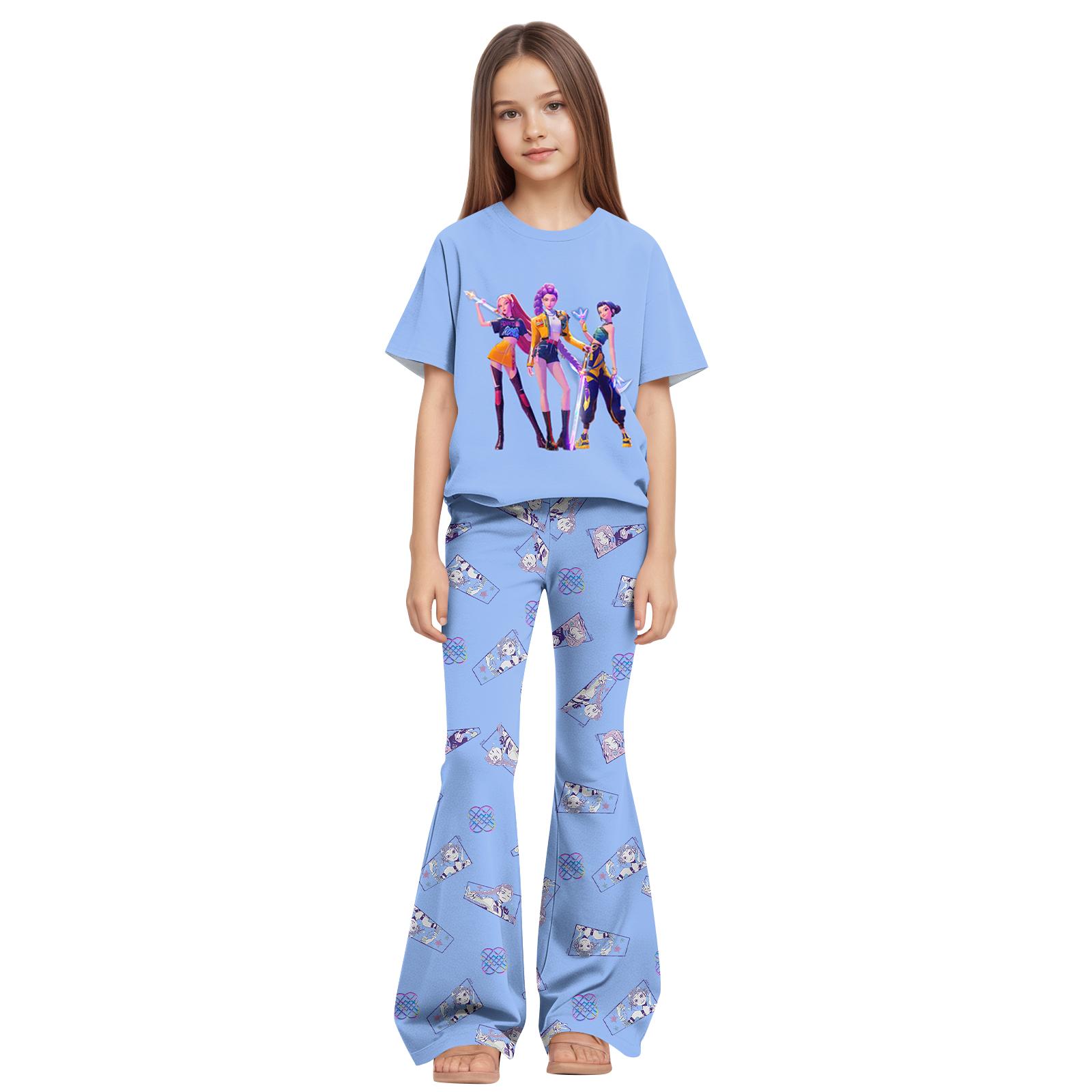 

Children s Summer Sports T-Shirt And Bell-Bottom Pants Two-Piece Athletic Set Short Printed Clothing Set 160 небо синє кольору