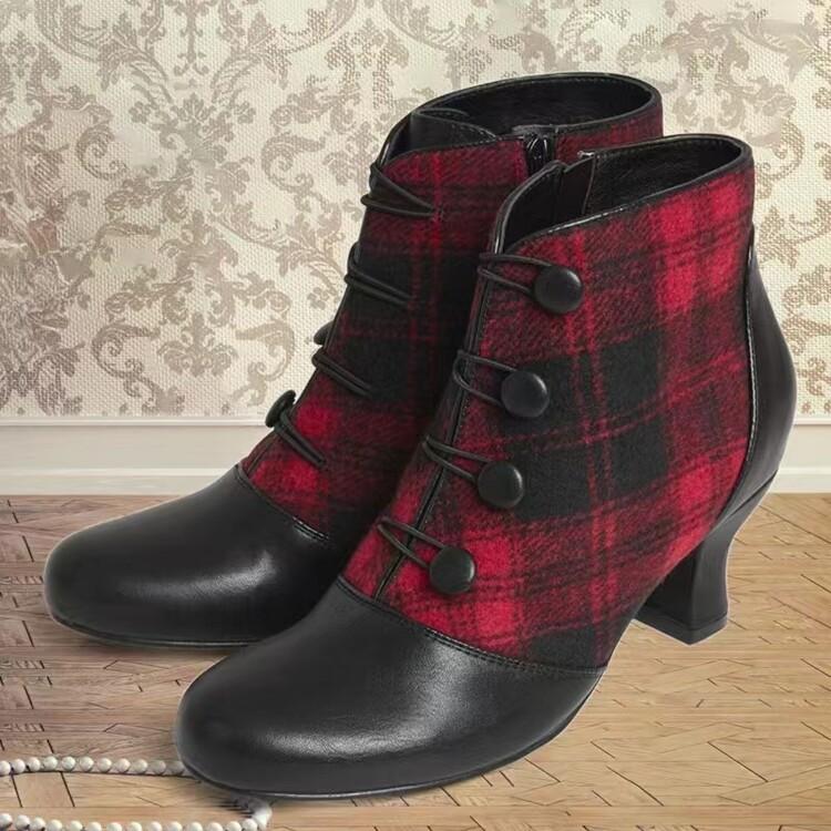 Plaid button short boots spring and summer new European and American style round head side zipper middle heel boots