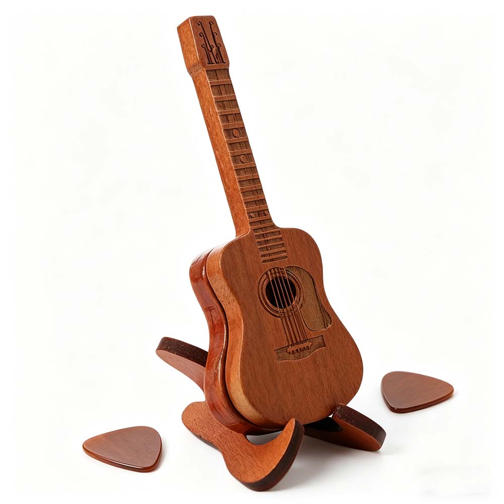 Wooden Material Guitar Pick Box Guitar Shape Guitar Pick Case Musician Storage