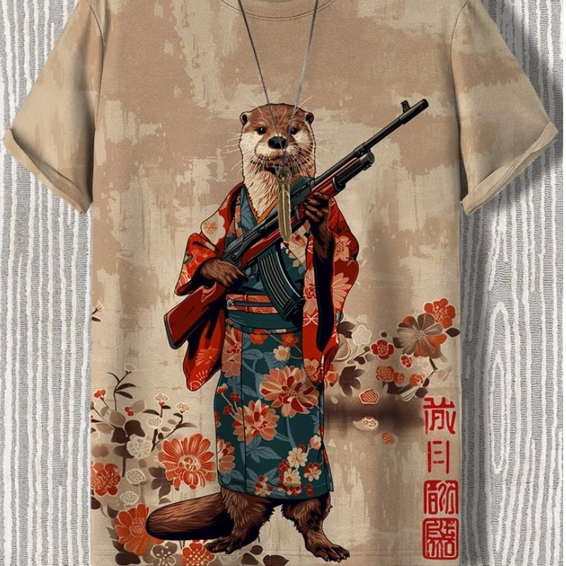 Maglietta da uomo in stile giapponese con grafica Samurai Cat, stampata in 3D, casual, a maniche corte, per esterni, abbigliamento da uomo oversize