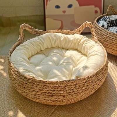 OUZEY Katzenkorb aus Rattan, geflochten, für Haustiere, Katzenbett mit Kissen, weich, warm, für Welpen und Kätzchen, Donut, rund, bequem, Schlafkatzenhaus