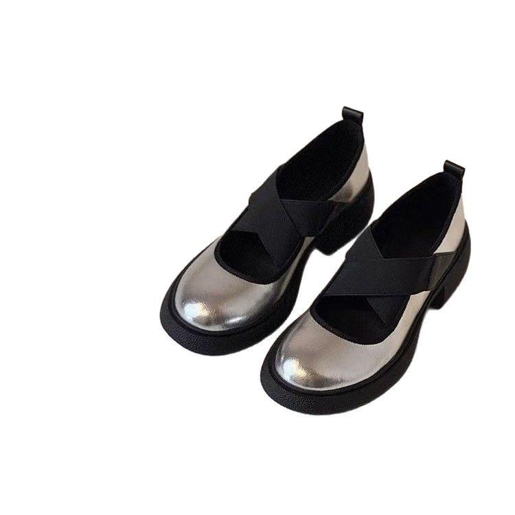 Sheepskin new silver leather loafer single shoes women's retro style thick heel platform small leather shoes