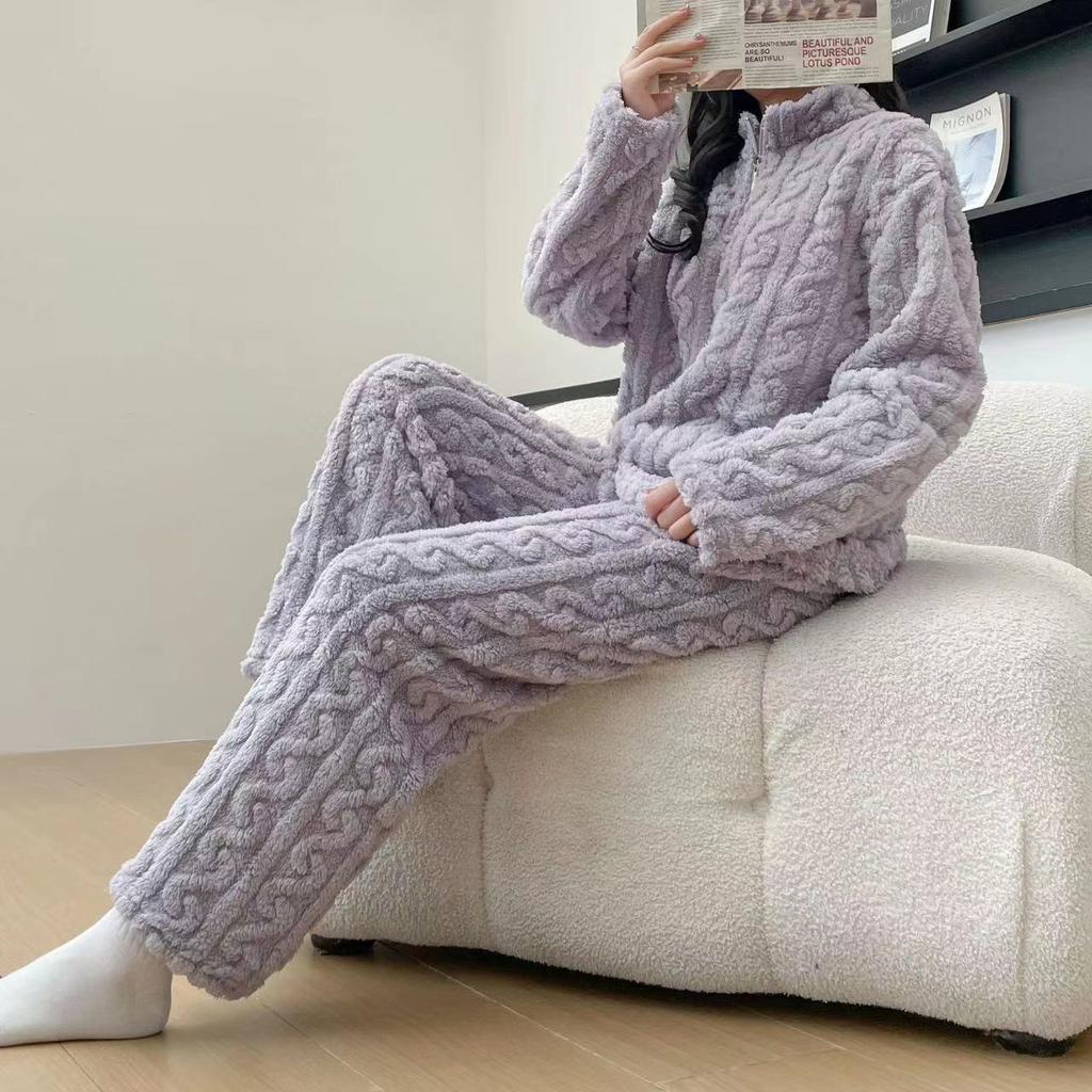 Podzimní a zimní Twist Zipper Couple Plus Sametové tlusté korálové fleecové pyžamo Velké teplé Žakárové Cardigan Domácí služba
