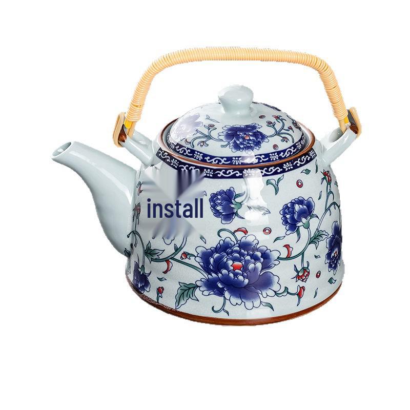 Ceramic Blue and White Teapot with Handle, Large Capacity Retro Herbal Tea Pot, Single Filter, Suitable for Household and Restaurant Use.