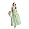 Vintage Japanese Green Plaid Drawstring Dress for Women, New Summer Fashion, Waist-Cinching Slimming Mid-Length Dress