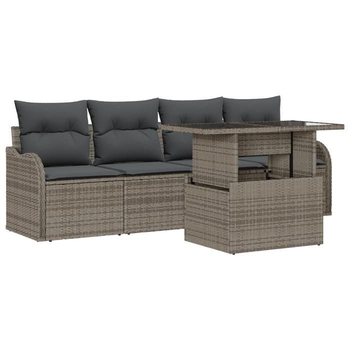 Ensemble de Canapé de Jardin 5 pièces avec Coussins Gris Poly Rattan, Canapé de Jardin 2 places avec Rangement et Coussins 3357102