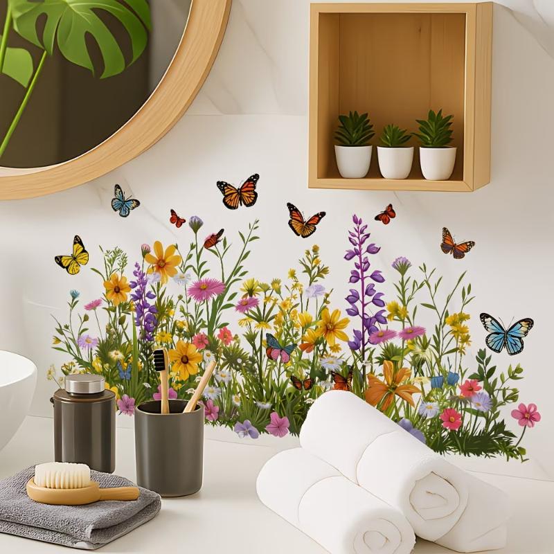 Fresh Flower Pattern Wall Sticker Waterproof Non-Marking Sink Area Background Decal for Bathroom Kitchen Decor