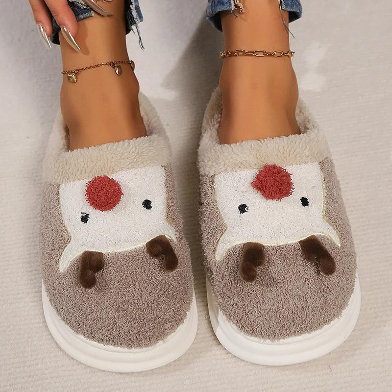 Fashion Winter Warm Cartoon Elk Fluffy Slippers Women Platform Non Slip Home Cotton Shoes Woman Thick Sole Cute Plush House Slippers