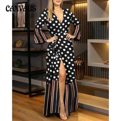Spring and Autumn Women's Dress Long Sleeve Strappy V-Neck Printed Dresses