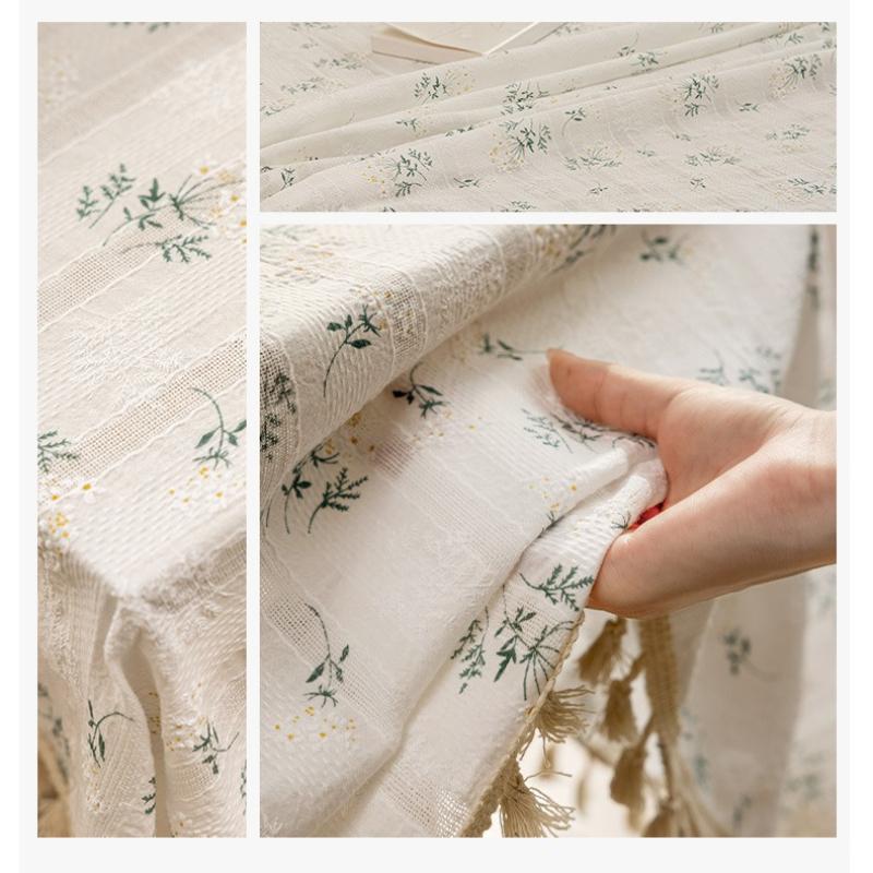 1PC Rural Floral Daisy Lace Tassels Cotton Rectangle Table Cover for Tea Table Decorations Kitchen Living Room Wedding Party Use