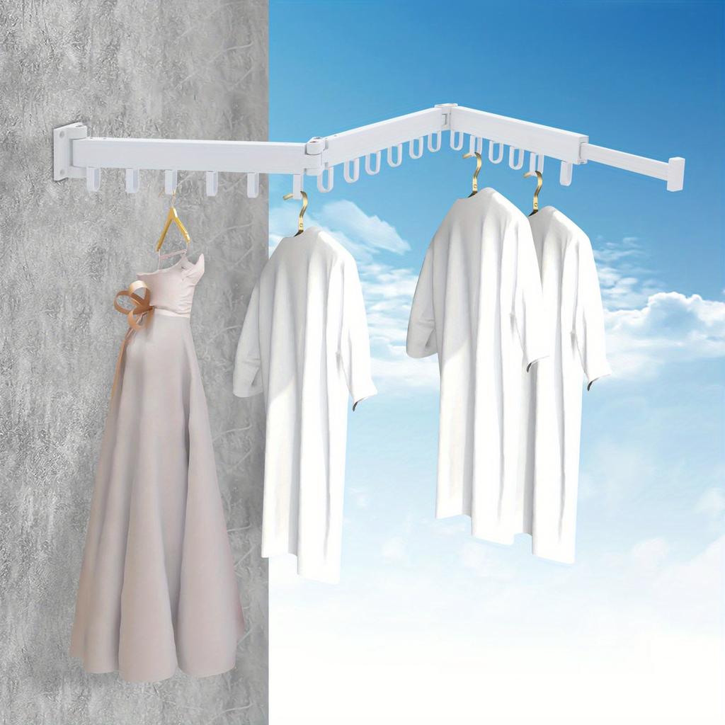 Tri-Fold Space Aluminum Wall-Mounted Drying Rack – 110 Lbs Load Capacity with 18 Hooks & Telescopic Hidden Rod – White