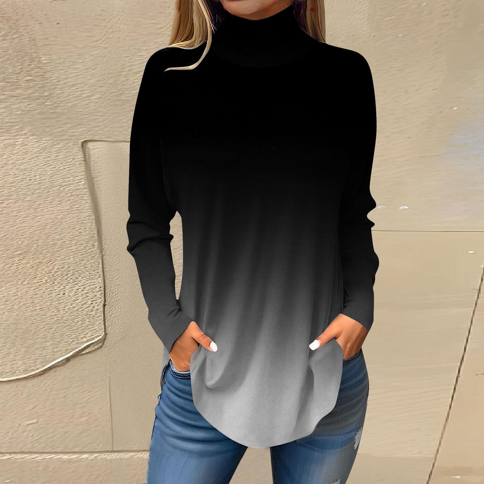 

Футболки для женщин, осенние повседневные рубашки с длинными рукавами, толстовка с винтажным принтом, топ с высоким воротом, пуловер XXL чёрный