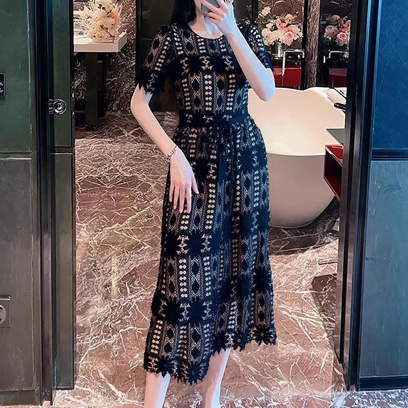 

ZANZEA Женское повседневное платье с круглым вырезом, короткими рукавами и кружевной вставкой кроше 3XL чёрный