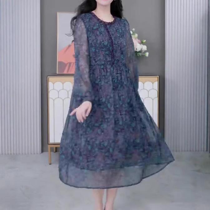 Spring Floral Long Sleeve Chiffon Dress for Middle-Aged Mothers