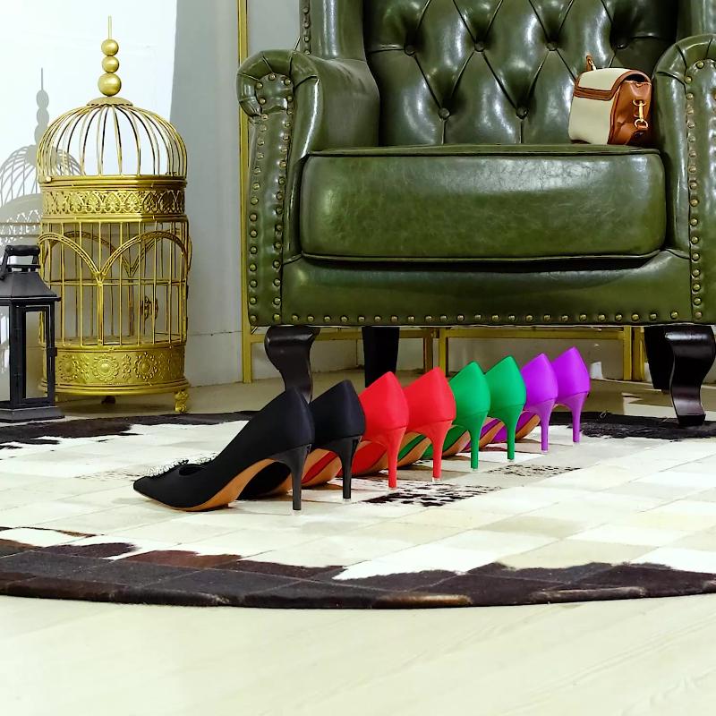 European American Fashionable Shallow Mouth High Heel Shoes Rhinestone Round Buckle Single Shoes Pointed Toe Thin Heel Shoes