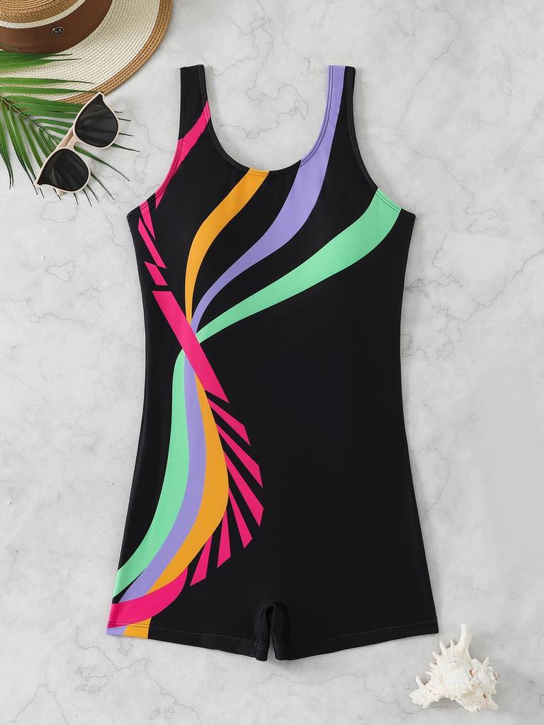 2026 Women's Sporty One-Piece Boyshort Swimsuit - European & American Printed Edition, Conservative Beach Swimwear