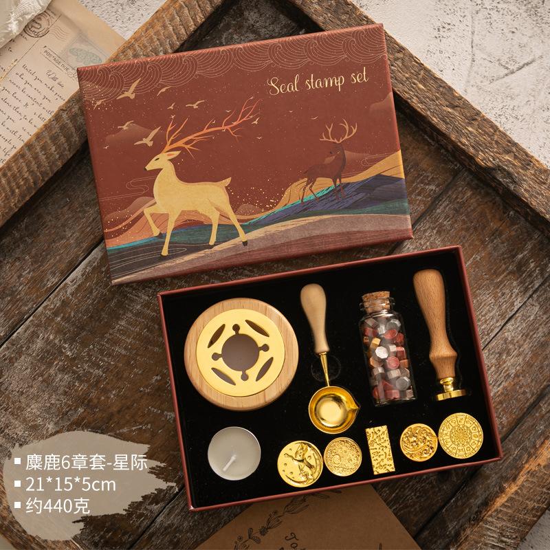 Wax Seal Stamp Kit Vintage Reindeer Gift Box Wax Furnace Seal Round Wax Set Wooden Handle Wax Seal Kit