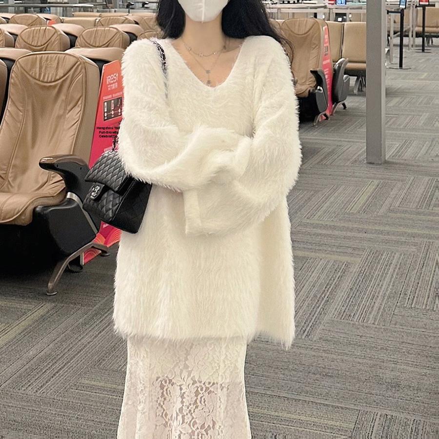 Autumn V-Neck Loose Lazy Style Faux Fur Coat Women's New Purple French Style Fashion Korean Top