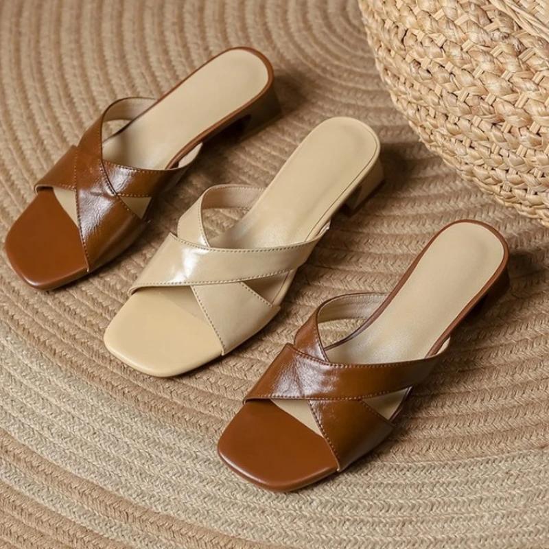 2024 Summer New Fashion Open Toe Solid Color Simple Leather Surface Versatile Candy Color Large Slippers Square Heel Shoes Women