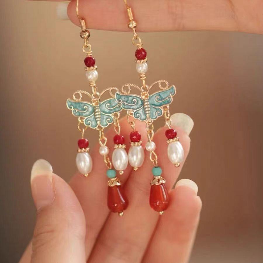 Luxus Neue Antike Damen Hanfu Ohrringe Tang Dynastie Gebrannt Blau Schmetterling Perle Hängeohrringe Hochzeits Schmuck Geschenk