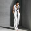 Women's Sleeveless V Neck Striped Jumpsuit, Wide Leg Elegant Romper with Collar for Summer