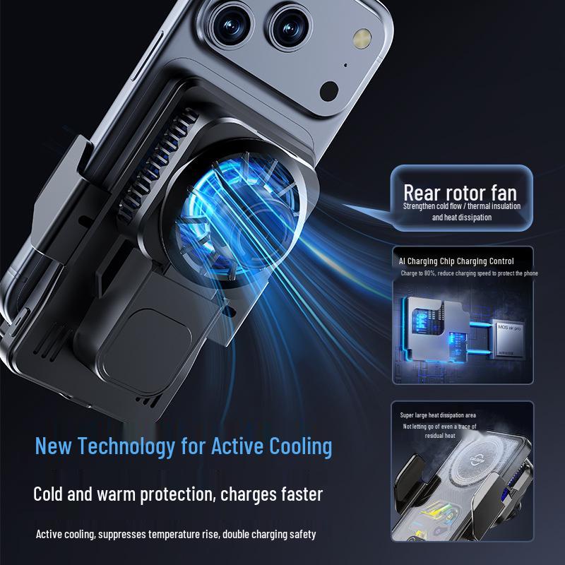 CoolTech Car Phone Holder: Wireless Charging, Quick Cooling, Temperature Display & 7-Color LED Lights.