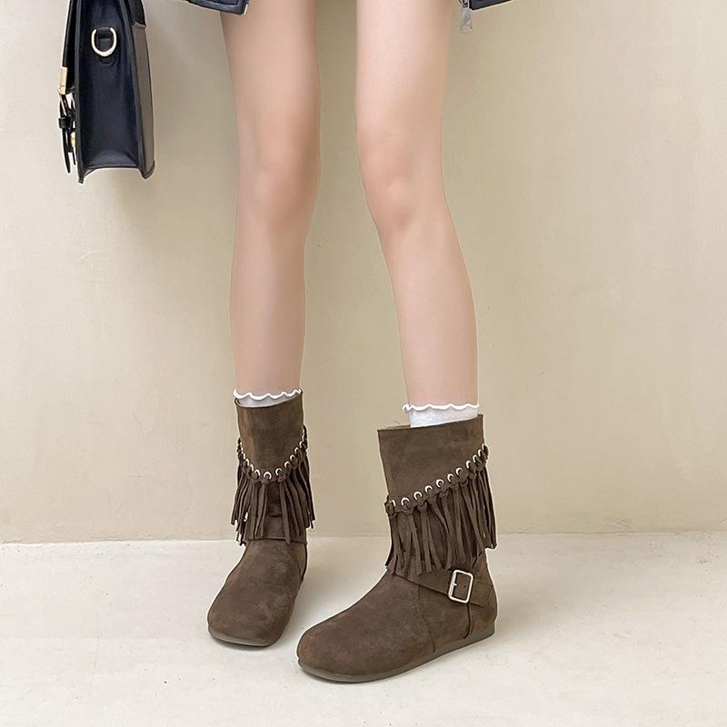 Design Sense Wasteland Style Women's Martin Boots Autumn and Winter Niche Retro Tassel Western Cowboy Temperament Wedge Heel Fashion Boots