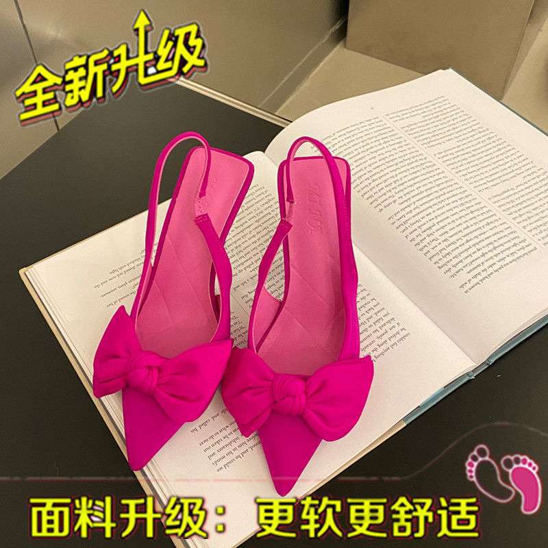 French high-heeled niche bag head bow sandals fairy shoes 2025 new summer thin heel pointed shoes