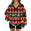 Women's Fashionable V-neck Christmas Printed Long Sleeved Casual Pullover Plush Warm Pocket Sweatshirt Top