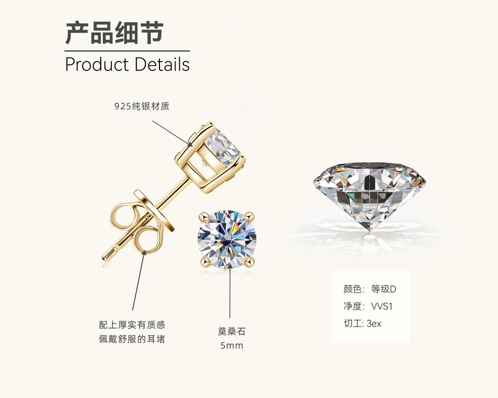 Silvere Glam Classic Four-pronged Moissanite Stud Earrings With A Niche Design For Women, S925 Sterling Silver Earrings