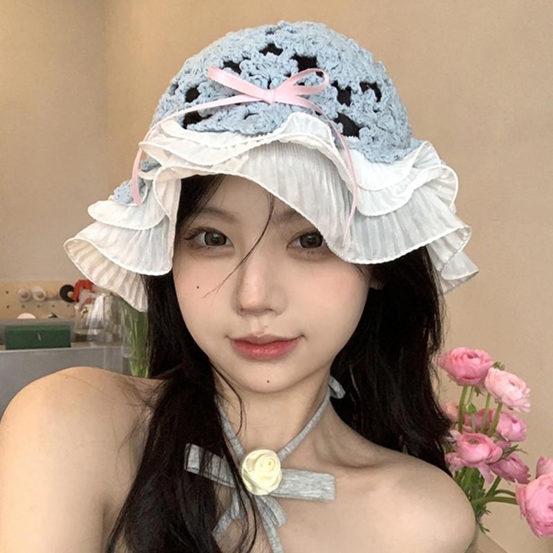 Summer Spring Crochet Bucket Hat Woman Commutes Camping Taking Photo Fisherman Hat with Pleated Trim for Girlfriend