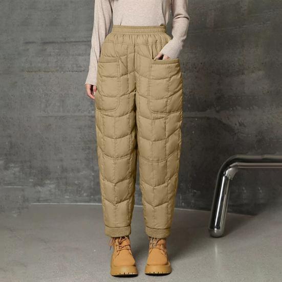 Women Harem Pants Elastic High Waist Lightweight Down Trousers with Large Pockets Thick Warm Quilt Pants