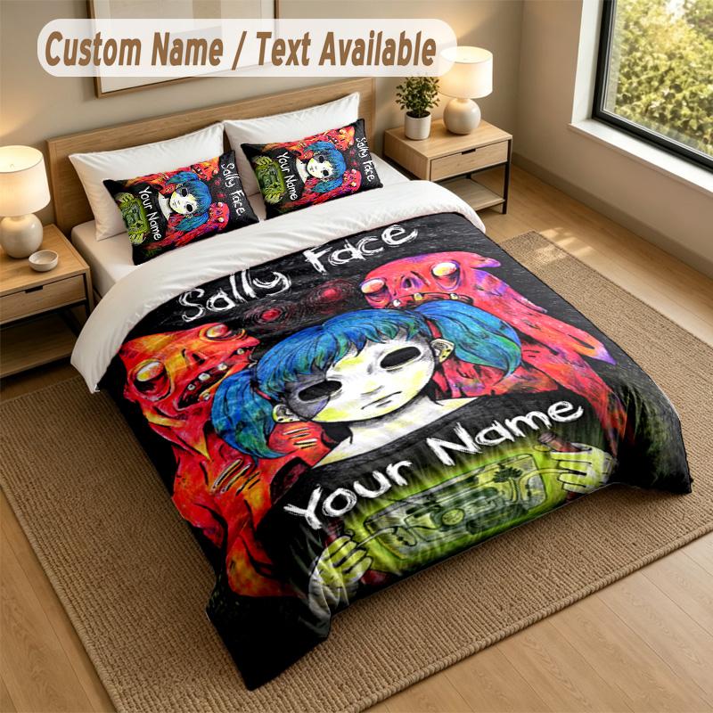 3Pcs Bedding Set Custom Name Text, 1 Sheet 2 Pillowcases Home Bed DecorSally Face