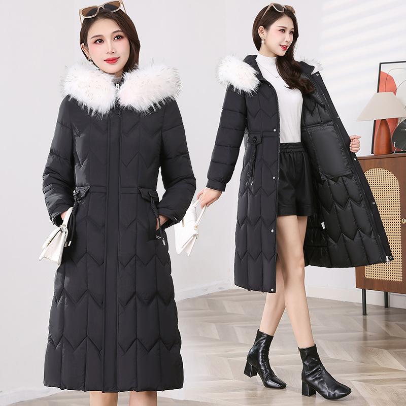 Down cotton-padded clothes women's long models, new waist cotton-padded clothes, slim and thin, knee-thickened cotton-padded jackets