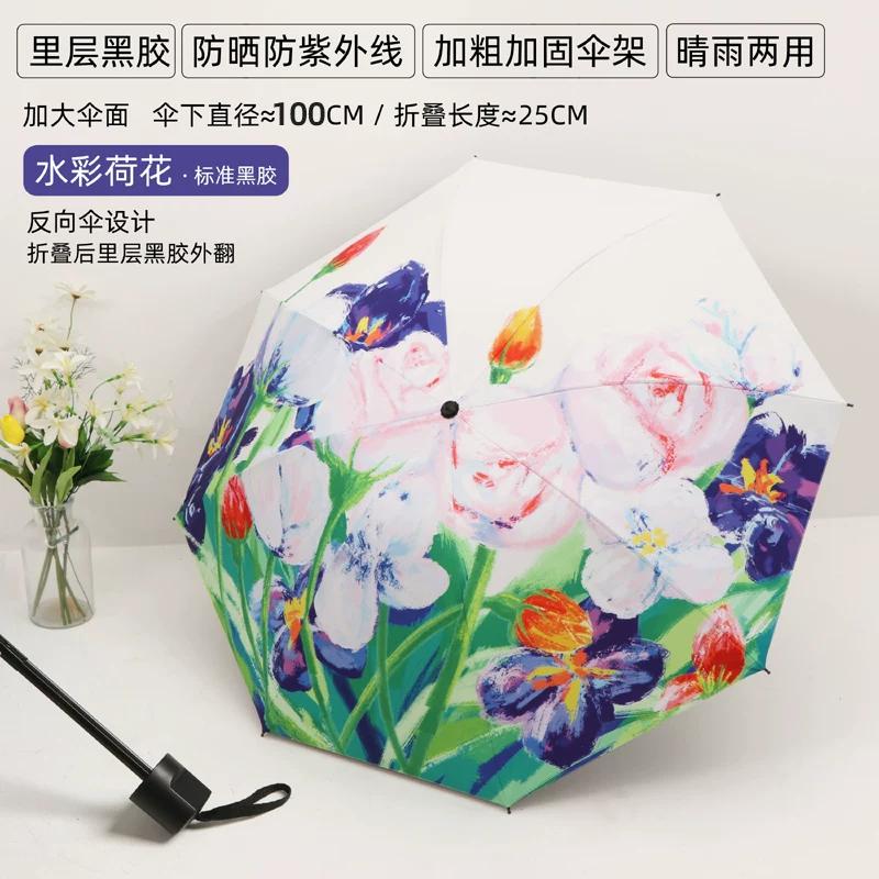 Dual-Purpose Folding Umbrella, Compact and Portable, Chinese Style Oil Painting Design, Super Strong Sun Protection, Uv Protection, Sun Umbrella for