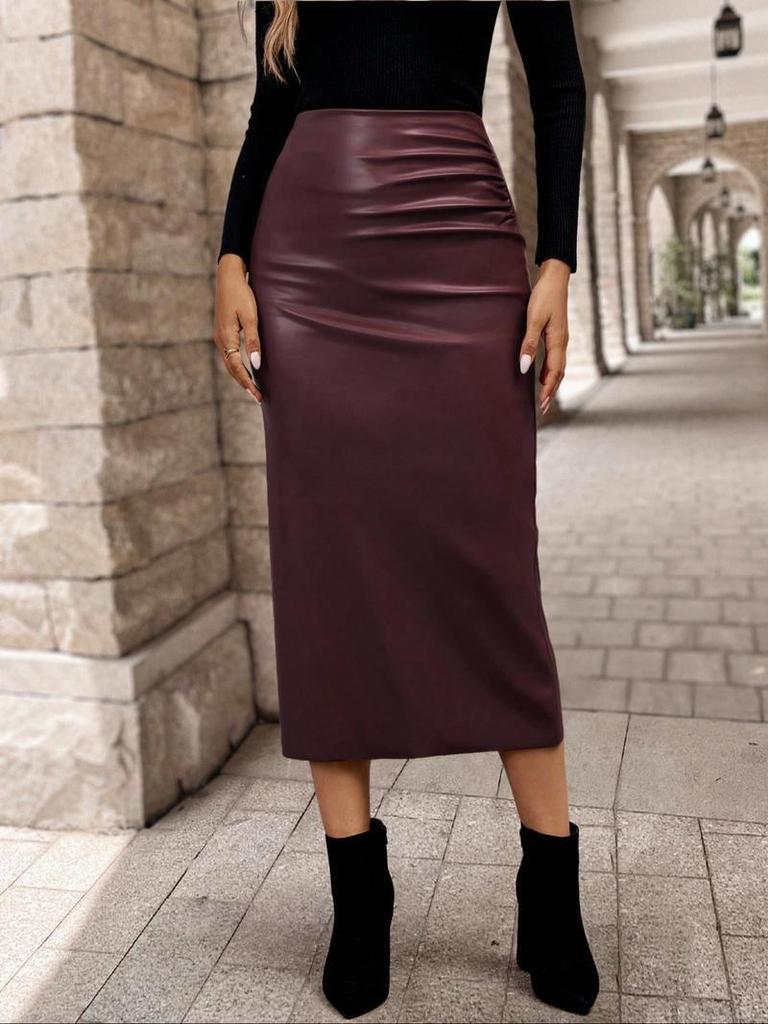 Women's PU Leather Midi Skirt - Fashionable, Elegant, All-Season Versatile Skirt