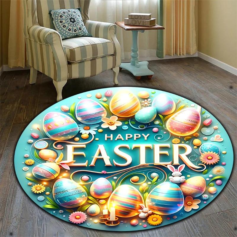 Happy Easter Rabbit Egg Patterned Area Carpet Round Non-Slip Easy To Clean Rug Living Room Bedroom Laundry Outdoor Floor Mat