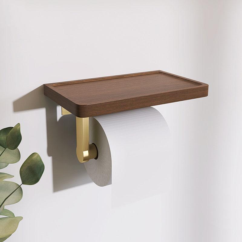 

Wood Bathroom Paper Towel Holder Brushed Gold Toilet Paper Roll Holder Wall-mounted Cell Phone Shelving Toilet Paper Box