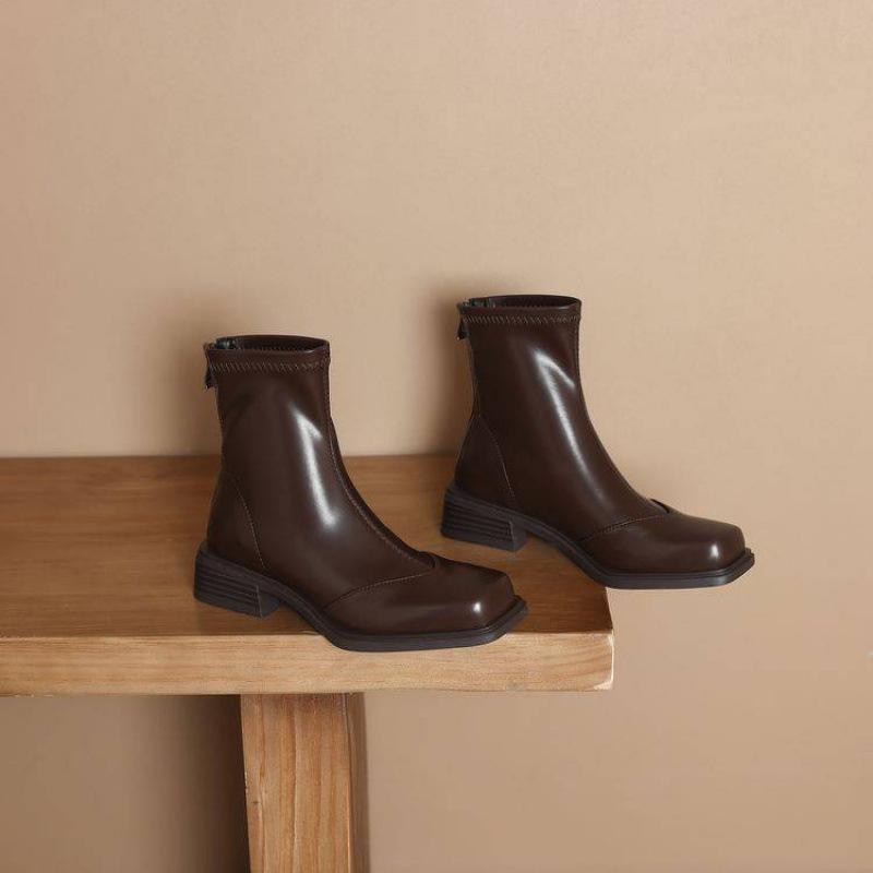 Autumn and winter women's knight boots comfortable large size women's boots middle heel round head rear zipper new leather solid color medium boots