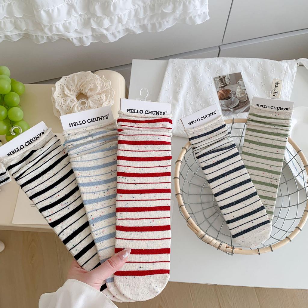 Korean Style Idea Yarn Striped Boneless Socks Mid-Leg Socks Spring And Autumn Cotton Rolled Hemmed Stacked Socks