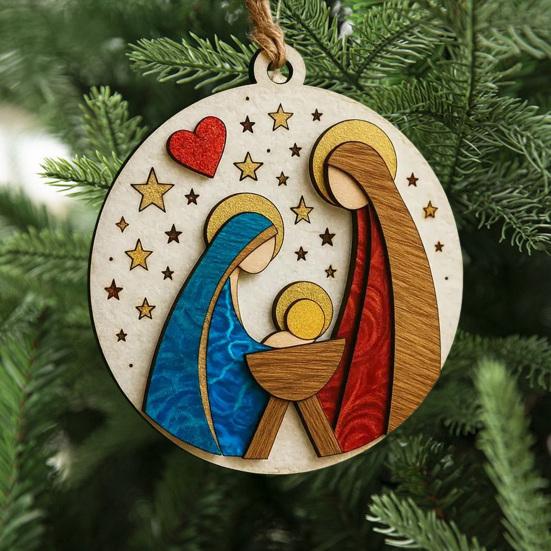 Nativity Scene Wooden Ornament Handcrafted Jesus Birth Scene for Christmas Tree Decor 3.25 Inch