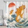 Artistic Cat Shower Curtain Set Iconic Wave Design Waterproof Bathroom Shower Curtain Japanese Art Style Print Bold Home Decor