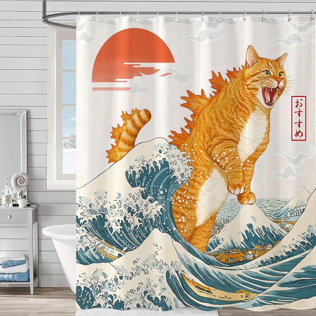 Artistic Cat Shower Curtain Set Iconic Wave Design Waterproof Bathroom Shower Curtain Japanese Art Style Print Bold Home Decor