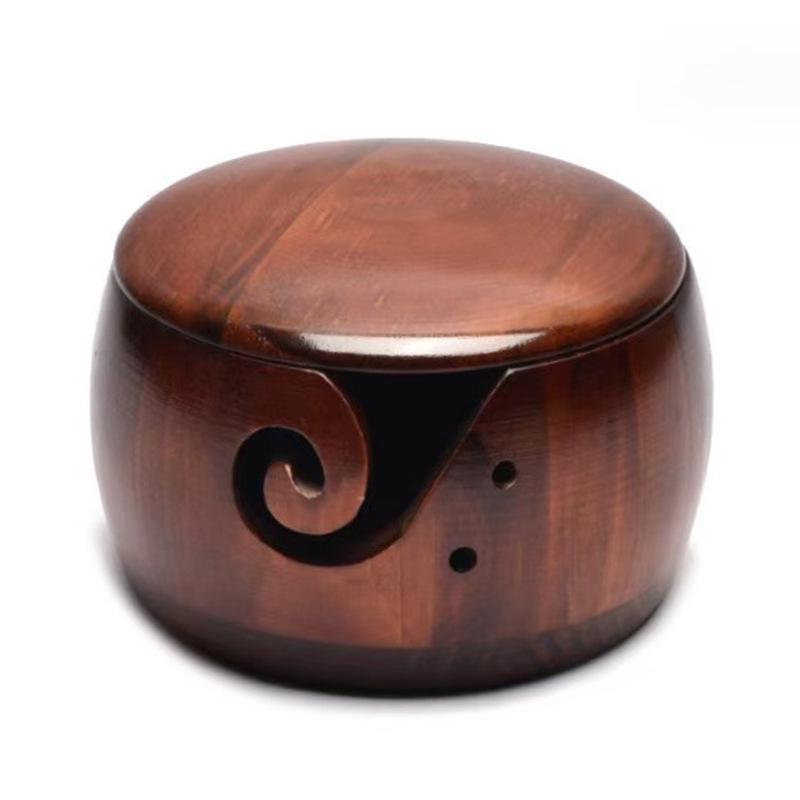 In Stock Solid Wood Round Yarn Storage Bowl with Character Carving